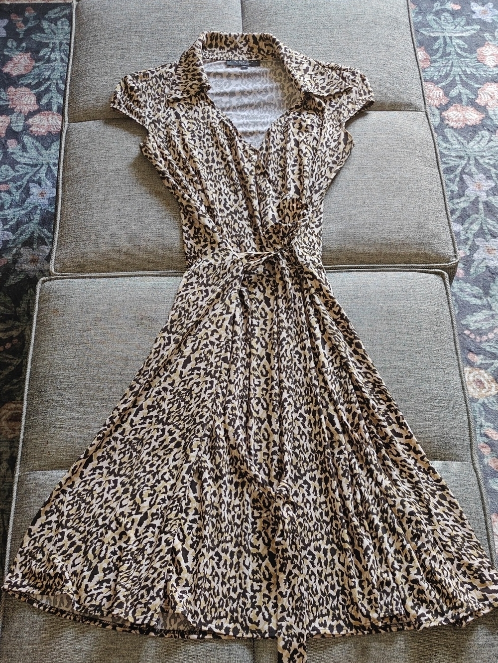 Laundry By Shelli Segal Beige and Black Animal Print Wrap Midi Dress
